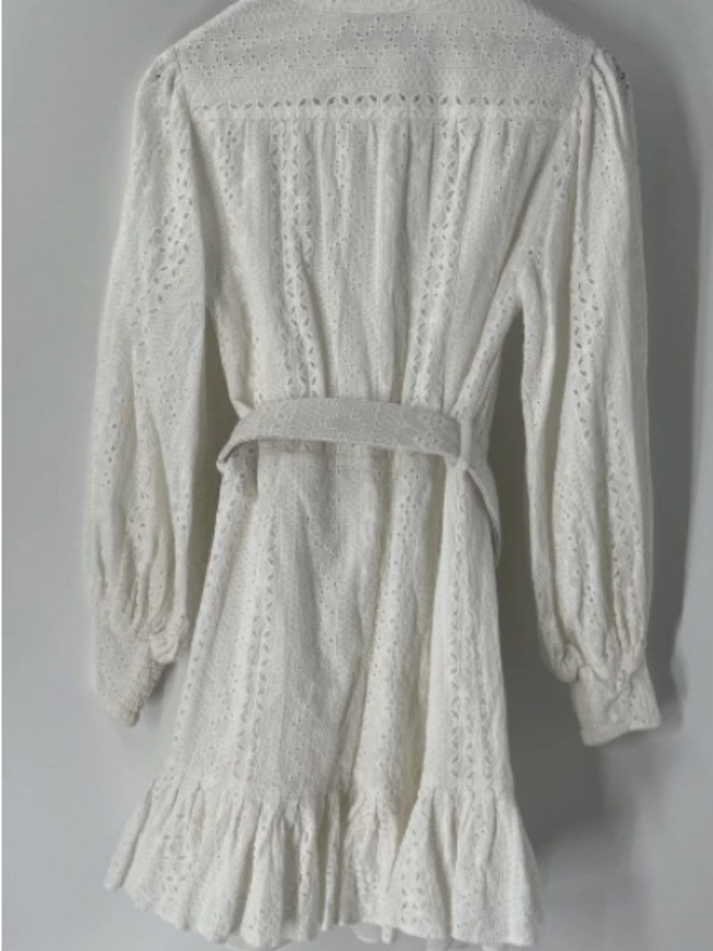 Women's White Eyelet Long Sleeve Belted Dress